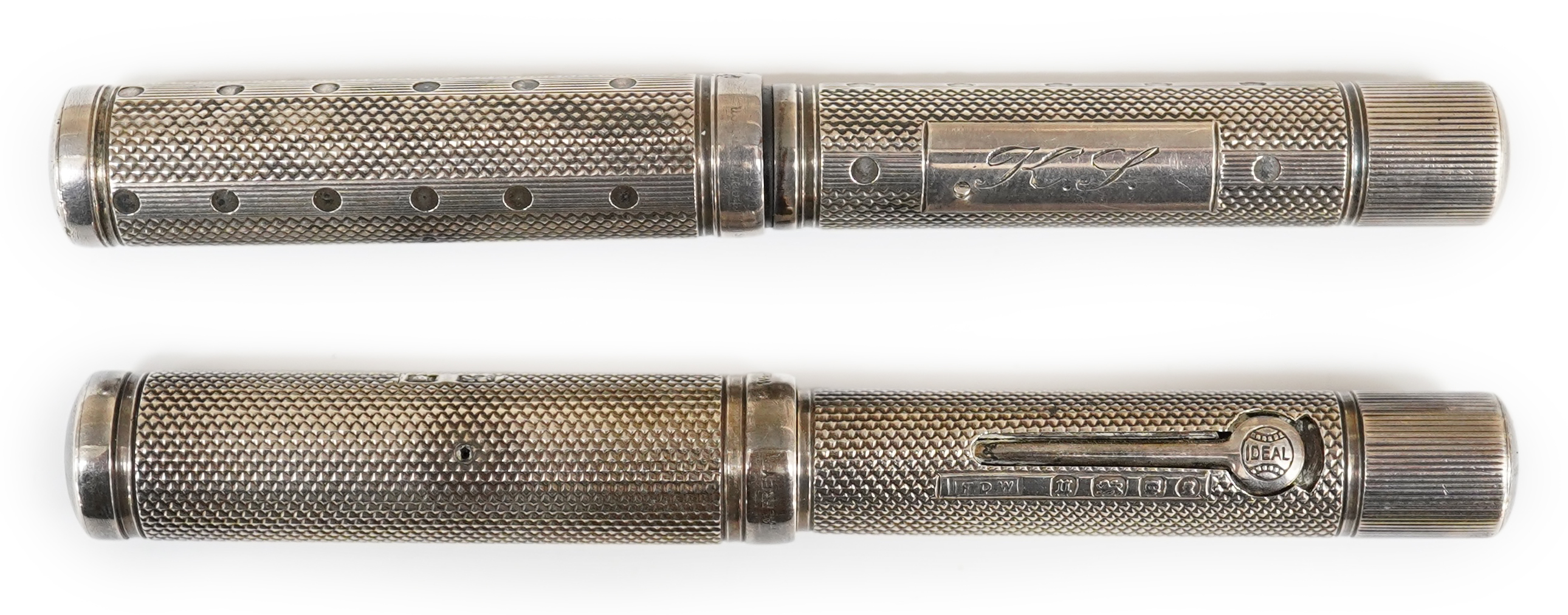 Two Waterman Sterling silver fountain pens, fully hallmarked with FDW maker's mark lever filled pens